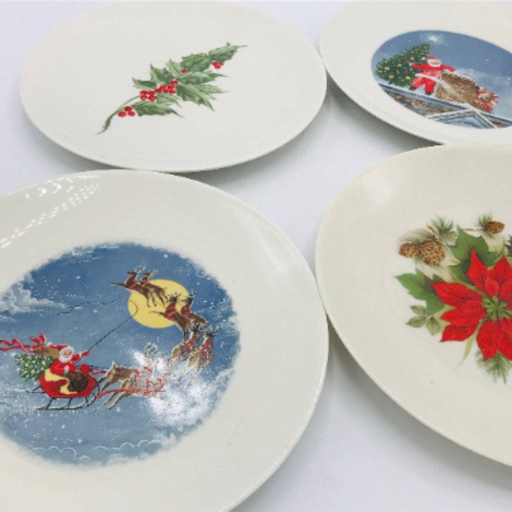 Vintage (4) Desert Plates- Multiple Patterns- Christmas Plates Santa